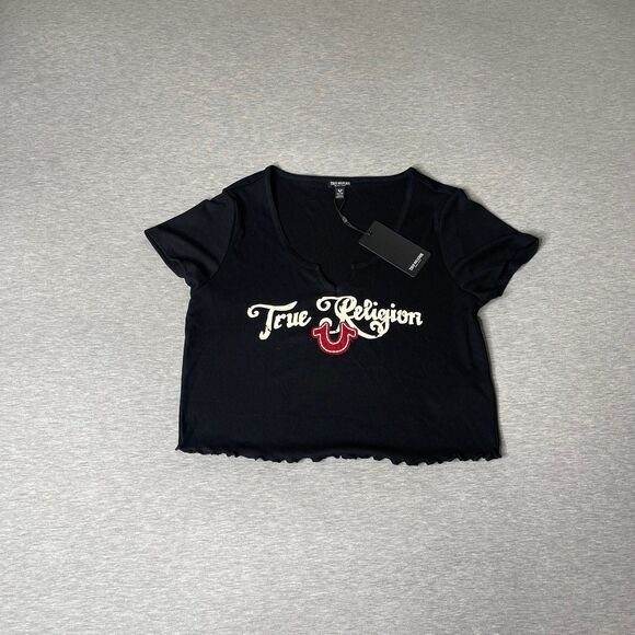 True Religion Women’s Short Sleeve Notched Baby T-Shirt Top - Picture 4 of 9